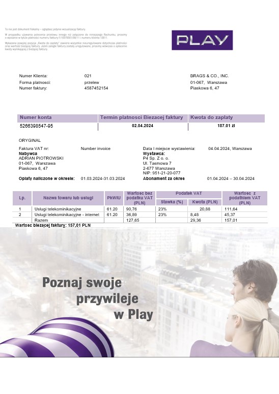 Poland Play business utility bill template in Word and PDF format